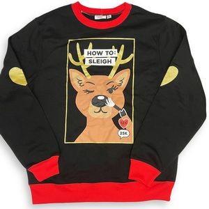 Mighty Fine Funny Christmas Sweatshirt Reindeer Black Size Medium NEW